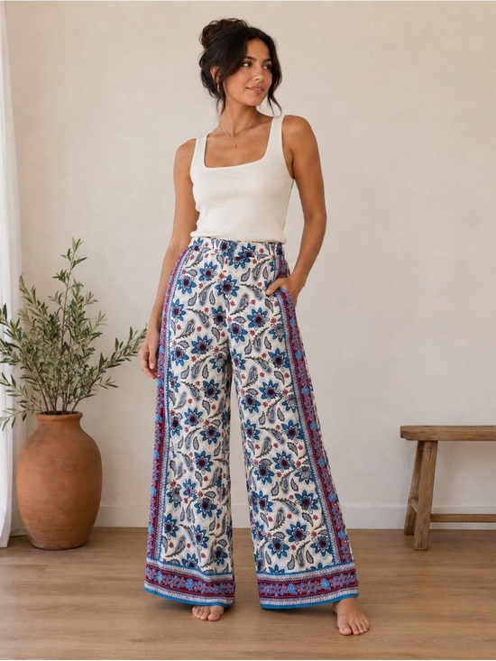 LOFT Pants - LOFT Ivory Wide-Leg Floral Palazzo Pants with Blue Border